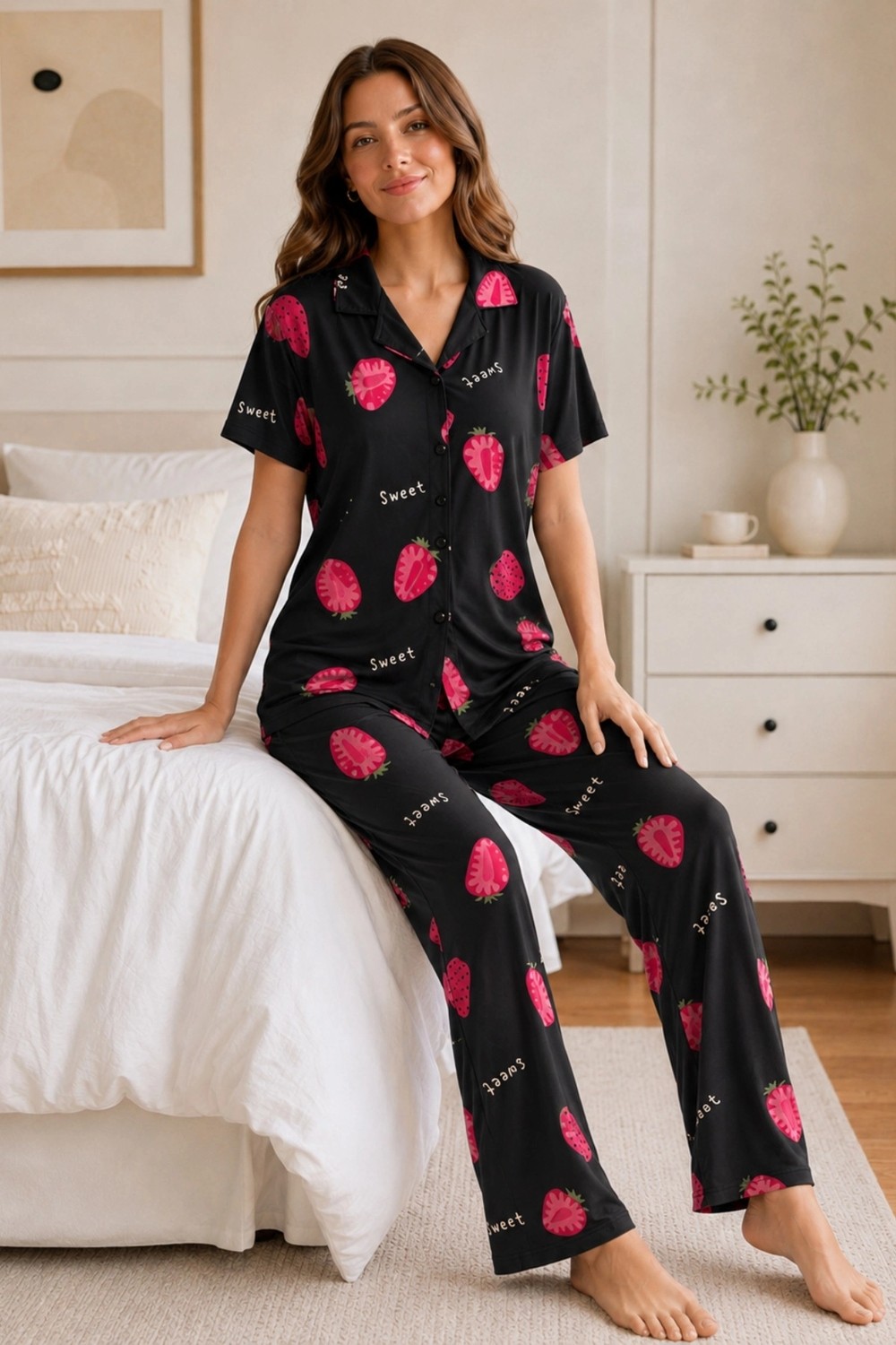 Leyna Siyah Çilek Desenli Kısa Kollu Gömlek Yaka Milan Kumaş Kadın Pijama Takımı görsel 2