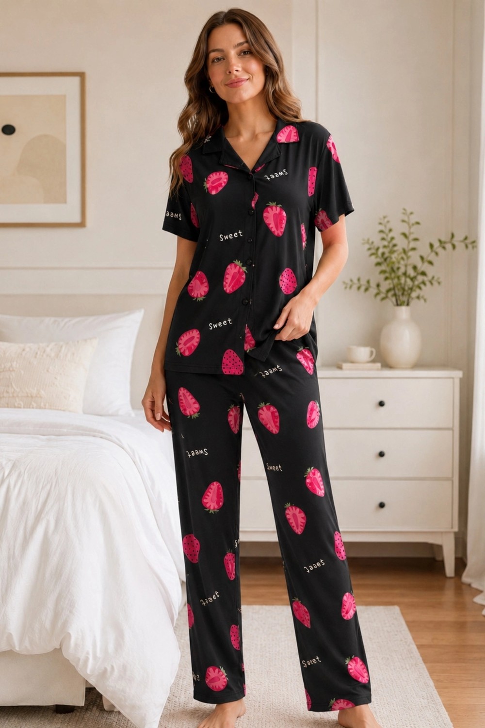Leyna Siyah Çilek Desenli Kısa Kollu Gömlek Yaka Milan Kumaş Kadın Pijama Takımı görsel 3