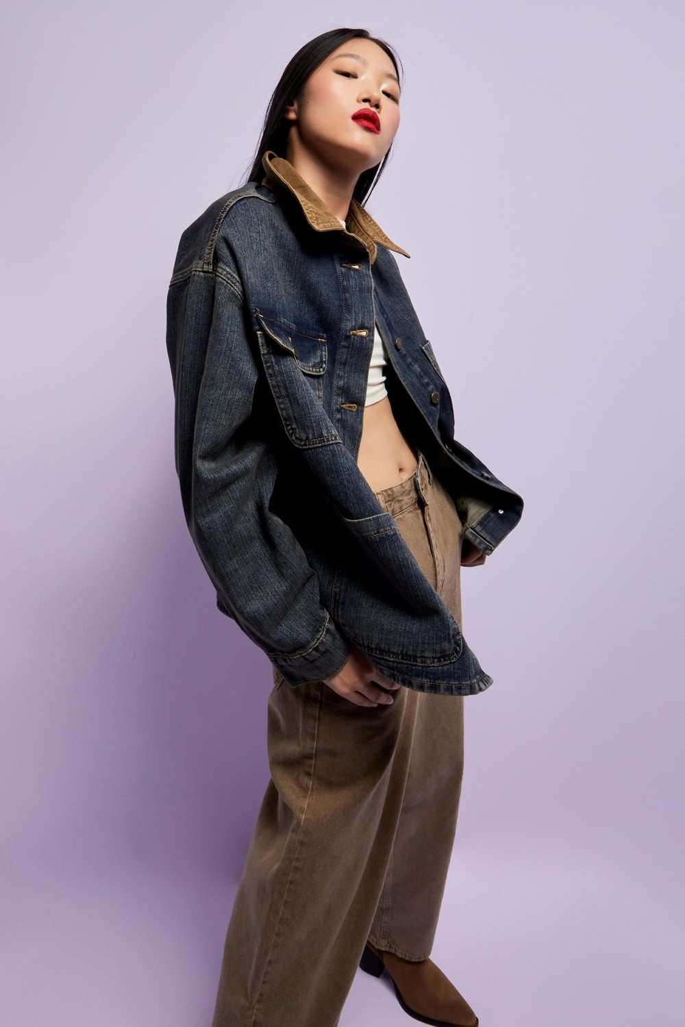 It's Basic Kadın T.kot Rengi 2W5-8 Oversize Önü Düğmeli Yaka Detaylı Tasarım Denim Ceket görsel 4