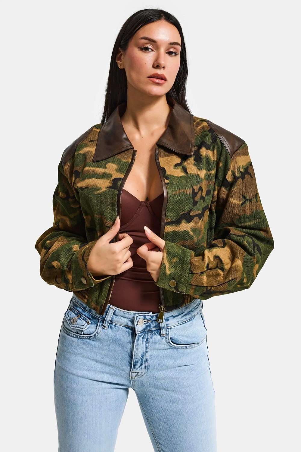It's Basic Kadın Kamuflaj W5 Bomber Deri Detaylı Özel Tasarım Kamuflaj Ceket görsel 6