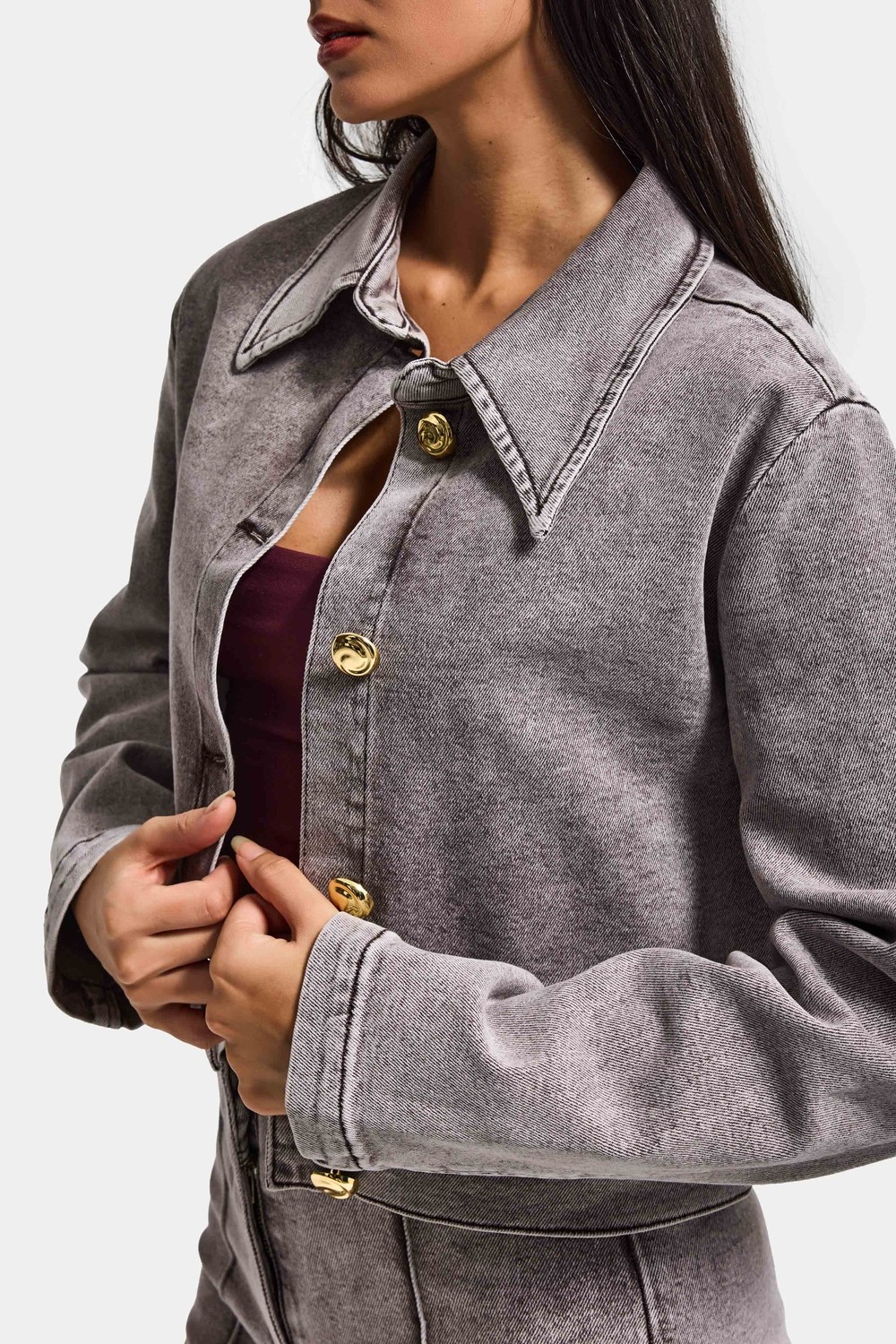 It's Basic Kadın Gri 3S6-158 Crop Fit Esnek Kumaş Düğmeli Denim Ceket