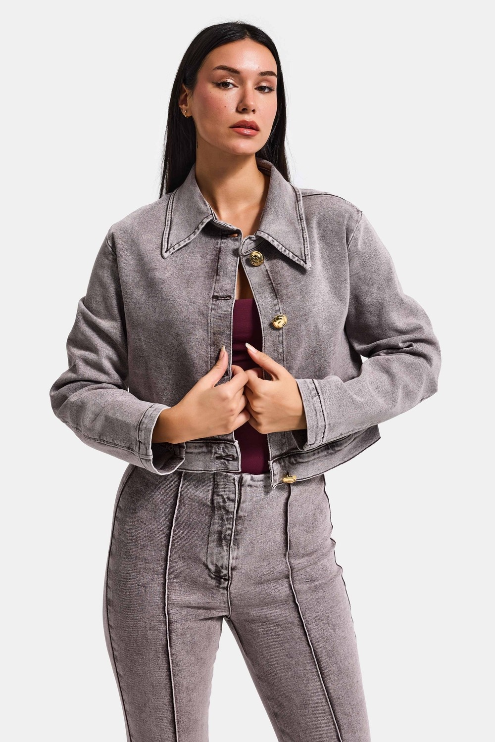 It's Basic Kadın Gri 3S6-158 Crop Fit Esnek Kumaş Düğmeli Denim Ceket görsel 2