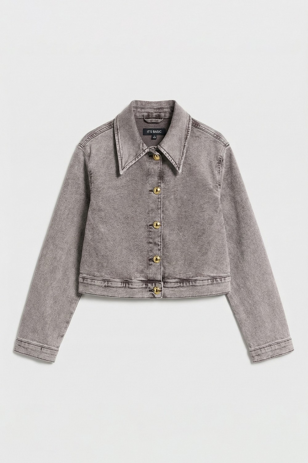 It's Basic Kadın Gri 3S6-158 Crop Fit Esnek Kumaş Düğmeli Denim Ceket görsel 3