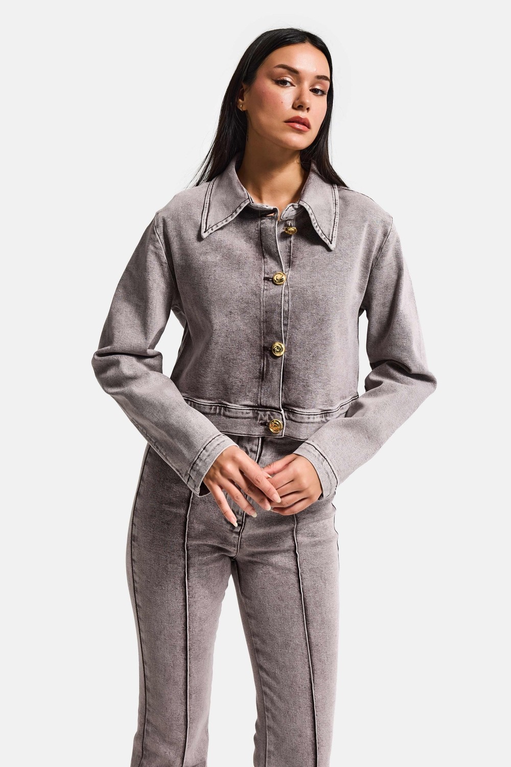 It's Basic Kadın Gri 3S6-158 Crop Fit Esnek Kumaş Düğmeli Denim Ceket görsel 4