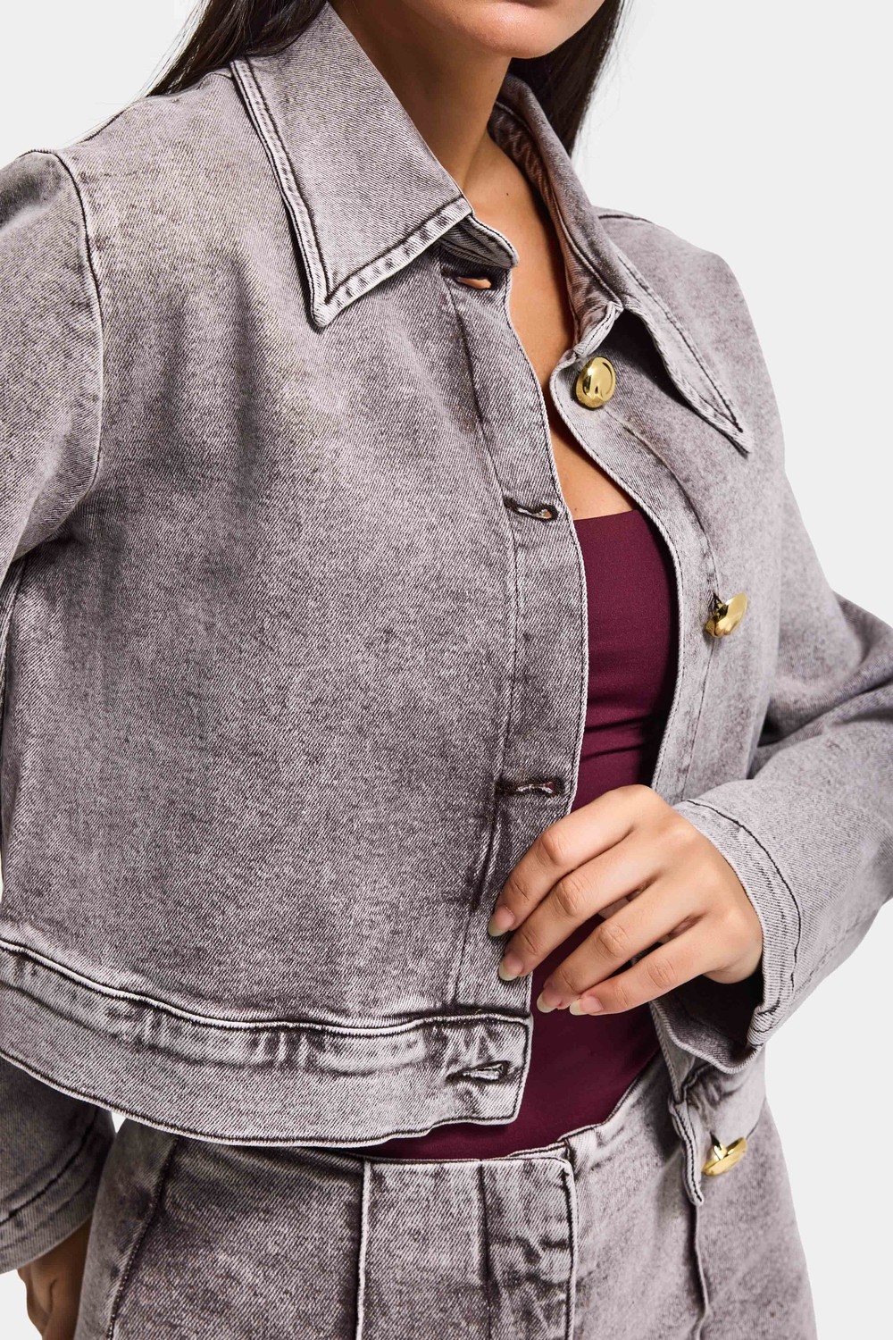 It's Basic Kadın Gri 3S6-158 Crop Fit Esnek Kumaş Düğmeli Denim Ceket görsel 5