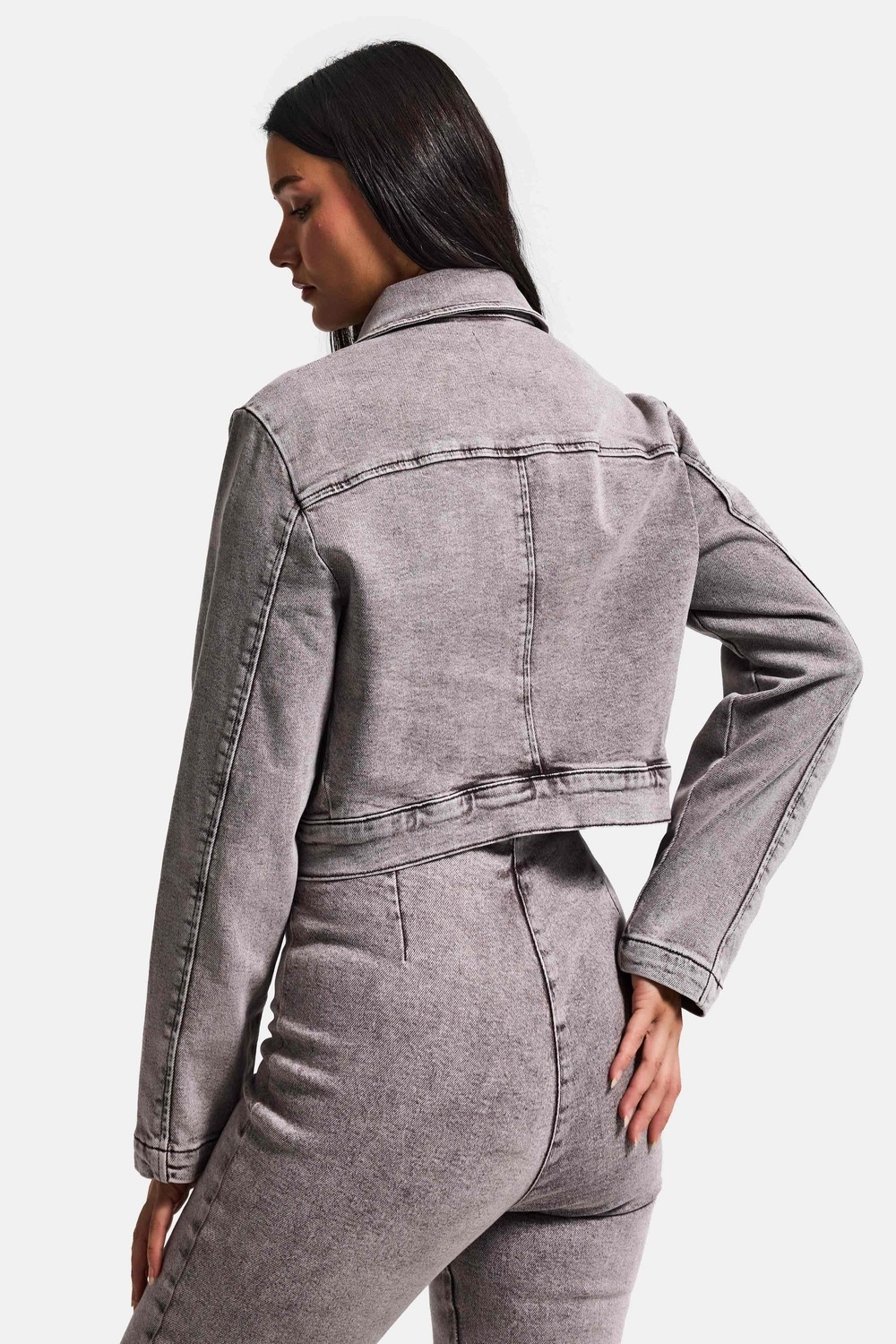 It's Basic Kadın Gri 3S6-158 Crop Fit Esnek Kumaş Düğmeli Denim Ceket görsel 6