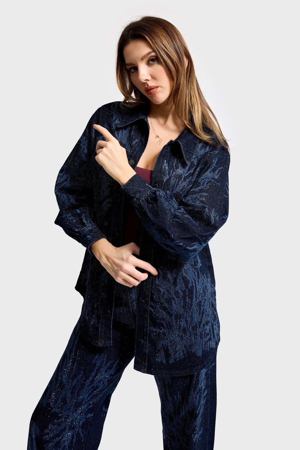 It's Basic Kadın Koyu Kot Rengi 9s6-5 Oversize Parlak Taş Desen Detaylı Özel Tasarım Denim Ceket görsel 4
