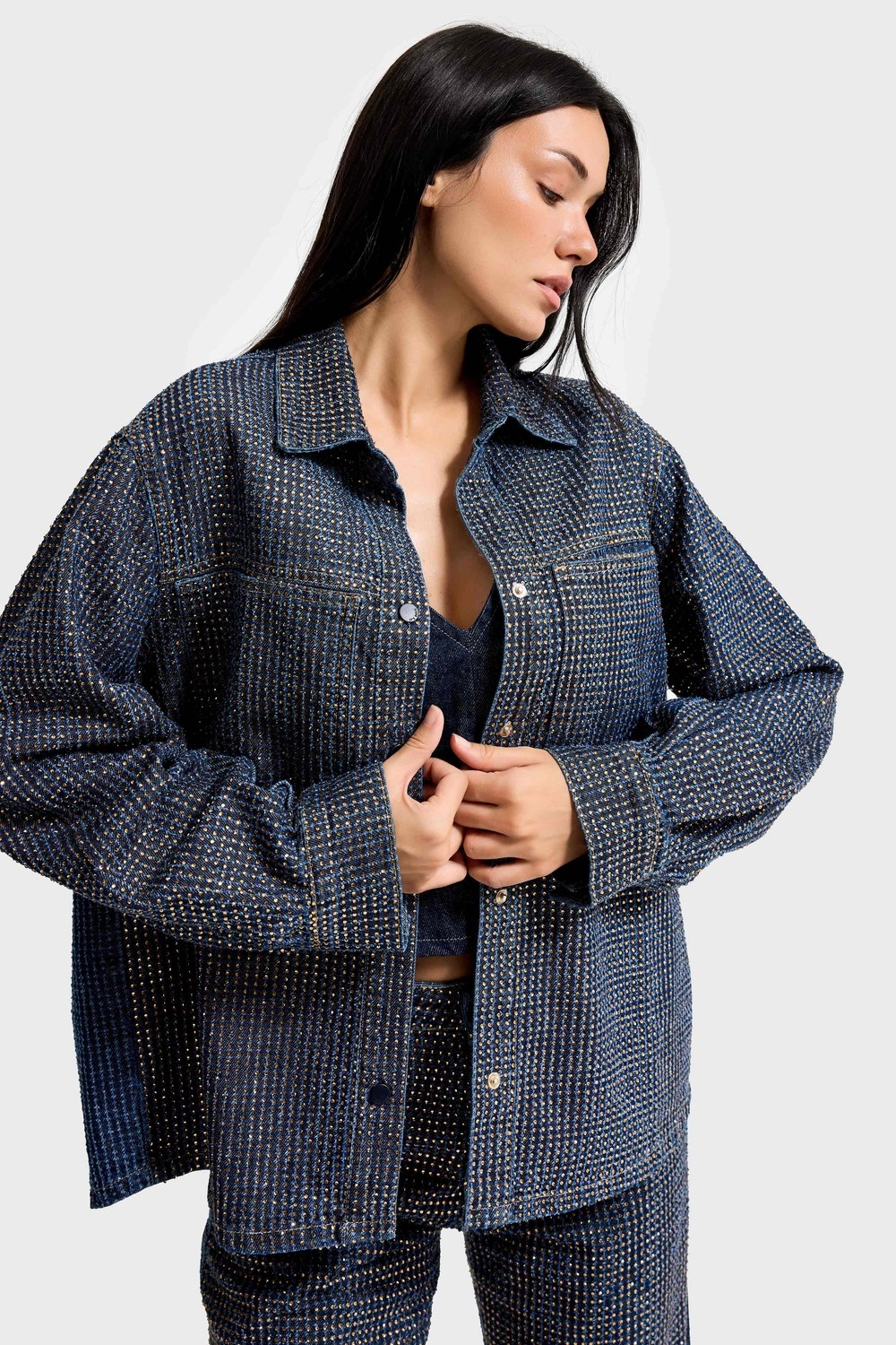 It's Basic Kadın T.kot Rengi T-1W5-7 Oversize Parlak Taşlı Özel Tasarım Denim Ceket