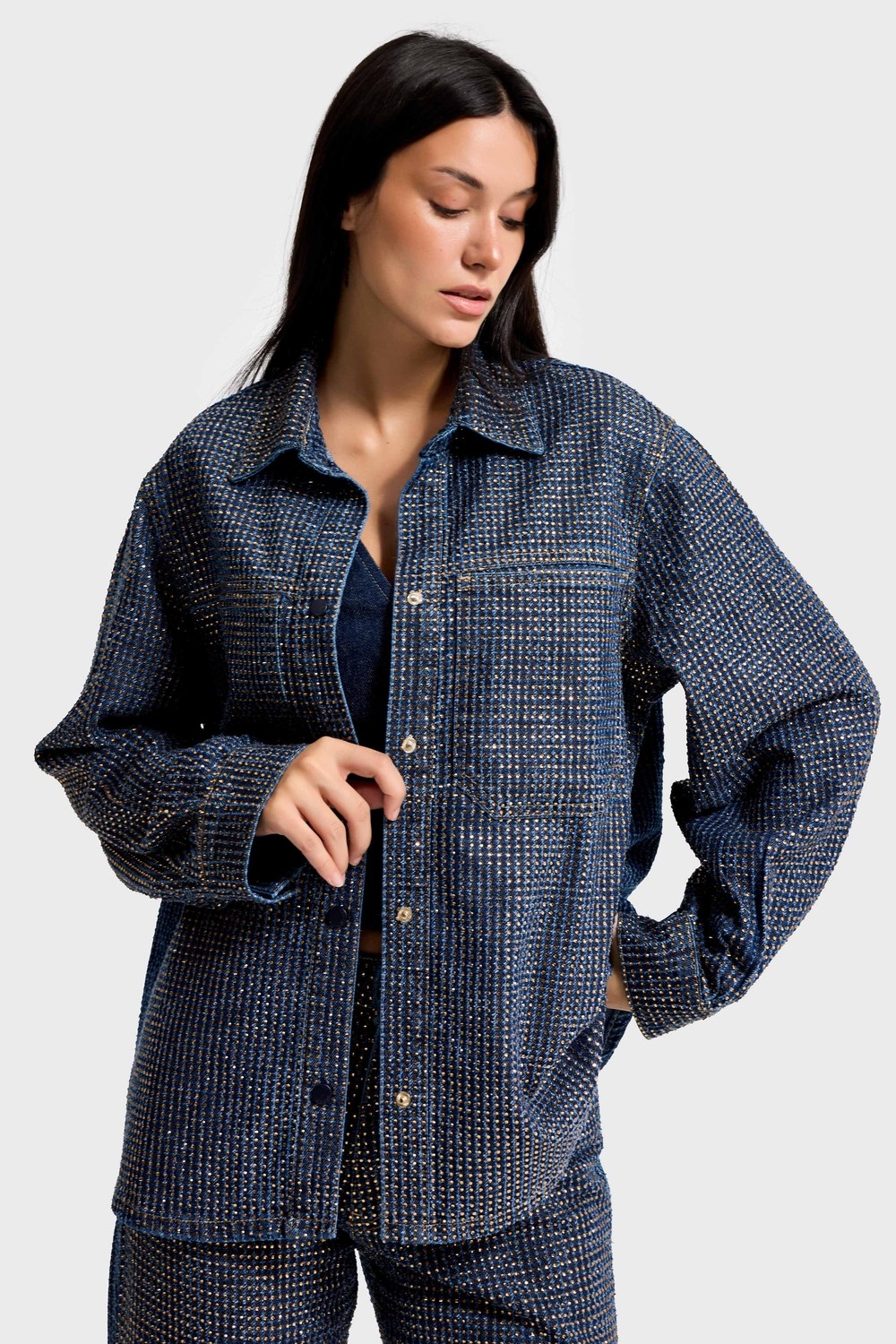 It's Basic Kadın T.kot Rengi T-1W5-7 Oversize Parlak Taşlı Özel Tasarım Denim Ceket görsel 4