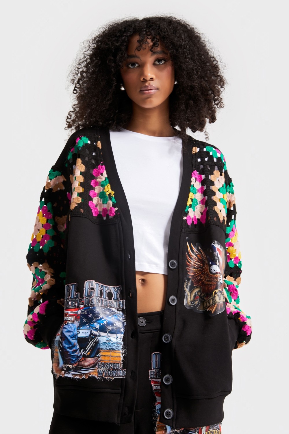 It's Basic Kadın Siyah Renk Etnik Desen Baskılı Oversize Tasarım Hırka