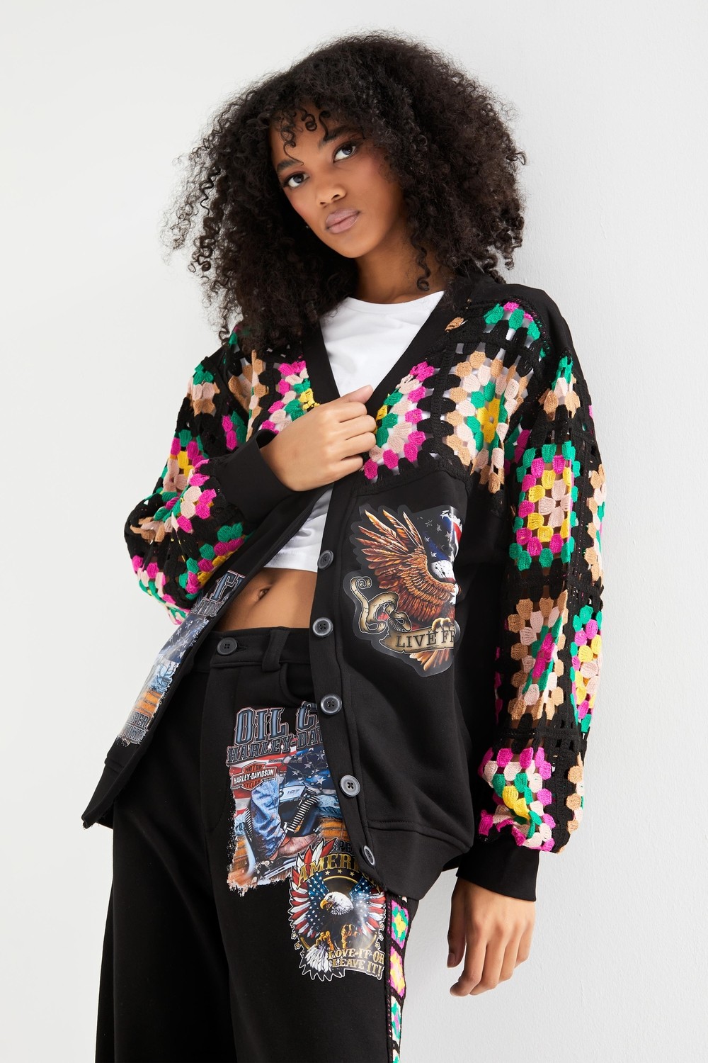 It's Basic Kadın Siyah Renk Etnik Desen Baskılı Oversize Tasarım Hırka görsel 4