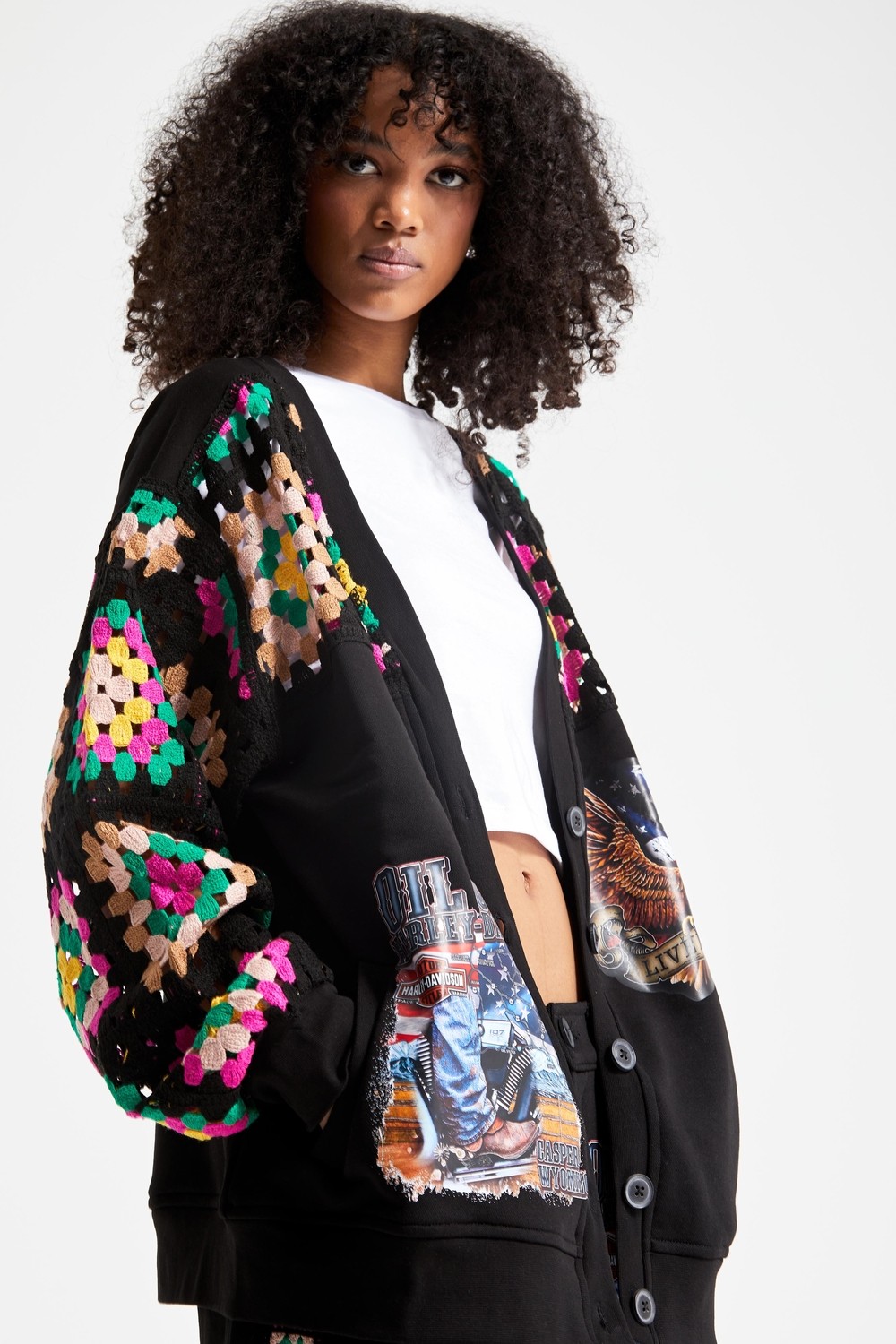 It's Basic Kadın Siyah Renk Etnik Desen Baskılı Oversize Tasarım Hırka görsel 6