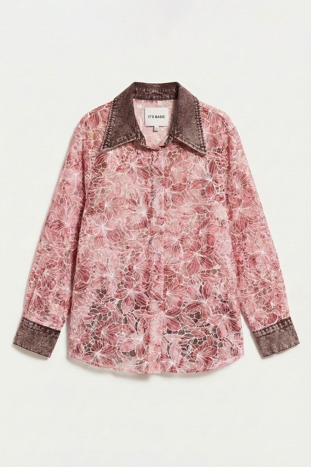 It's Basic Kadın Pembe 4S6-157 Oversize Özel Tasarım Dantel ve Gül Detaylı Denim Yakalı Gömlek Ceket görsel 2