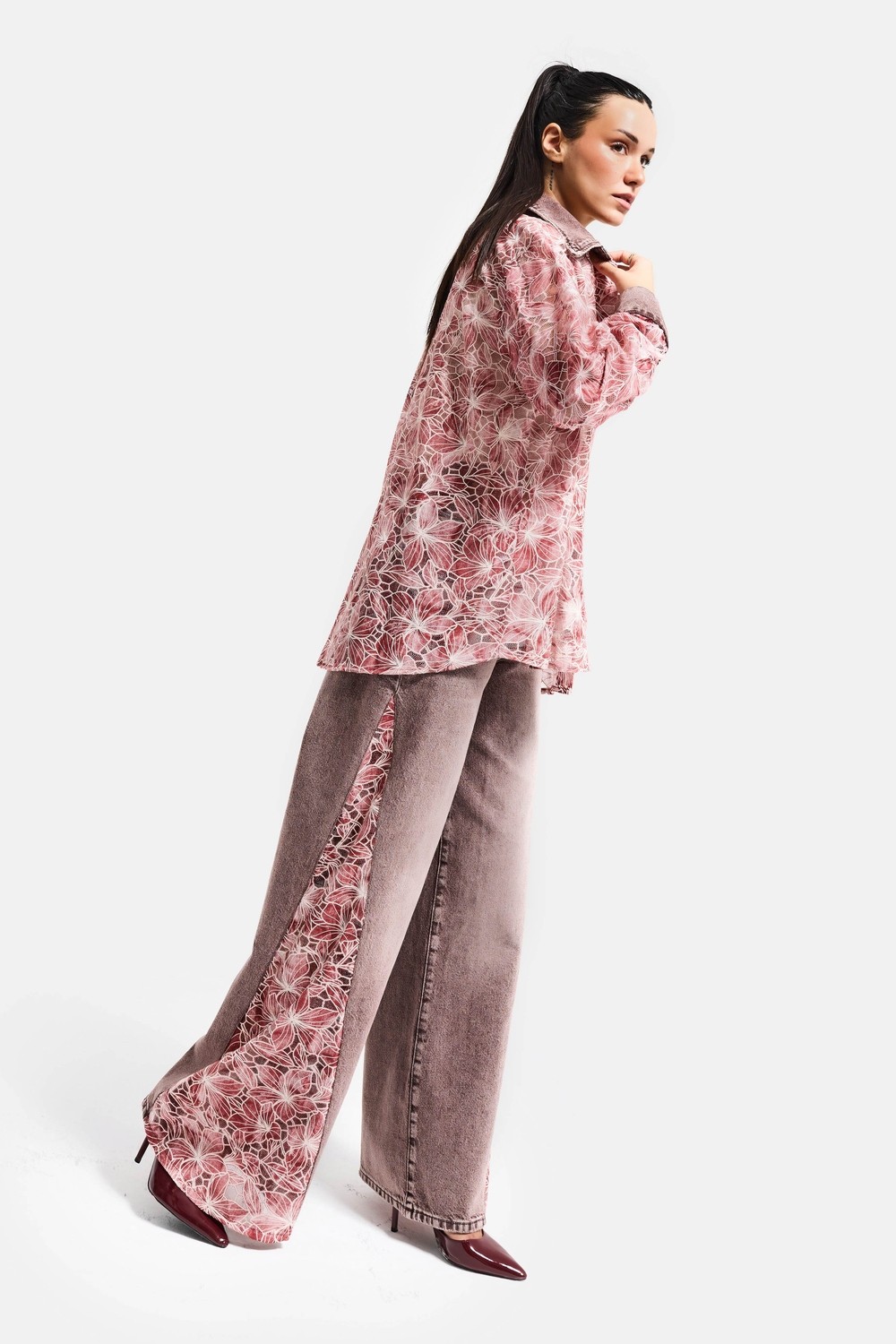 It's Basic Kadın Pembe 4S6-157 Oversize Özel Tasarım Dantel ve Gül Detaylı Denim Yakalı Gömlek Ceket görsel 5