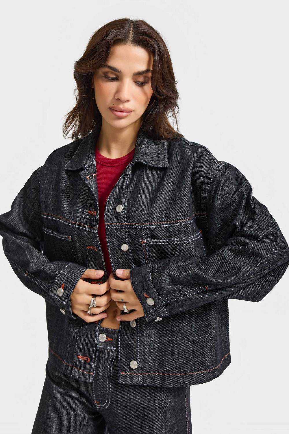 It's Basic Kadın Koyu Kot Rengi 7W5-51 Oversize %100 Koton Denim Ceket görsel 2