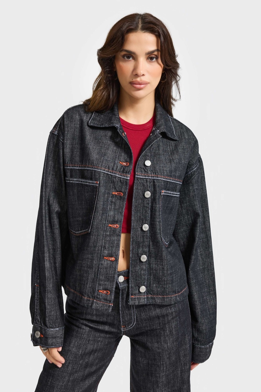 It's Basic Kadın Koyu Kot Rengi 7W5-51 Oversize %100 Koton Denim Ceket görsel 5