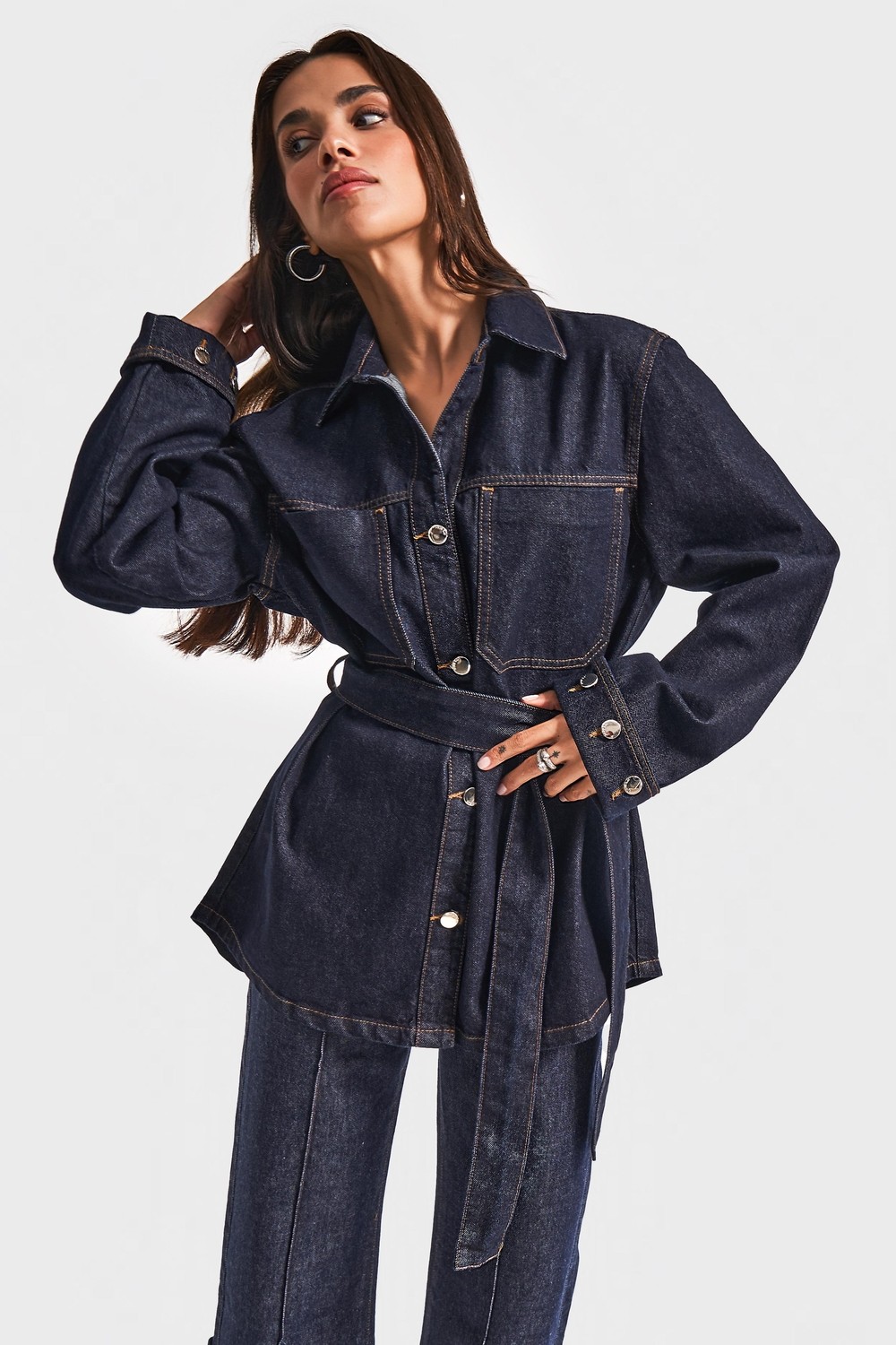 It's Basic Kadın Indigo Renk 7W5-50 Kemer Detaylı %100 Koton Denim Trençkot