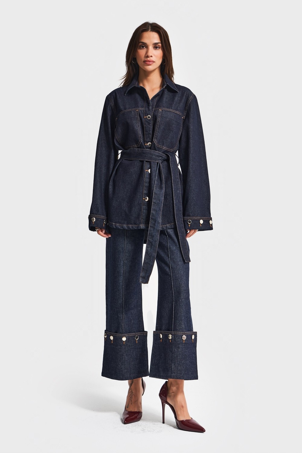 It's Basic Kadın Indigo Renk 7W5-50 Kemer Detaylı %100 Koton Denim Trençkot görsel 2