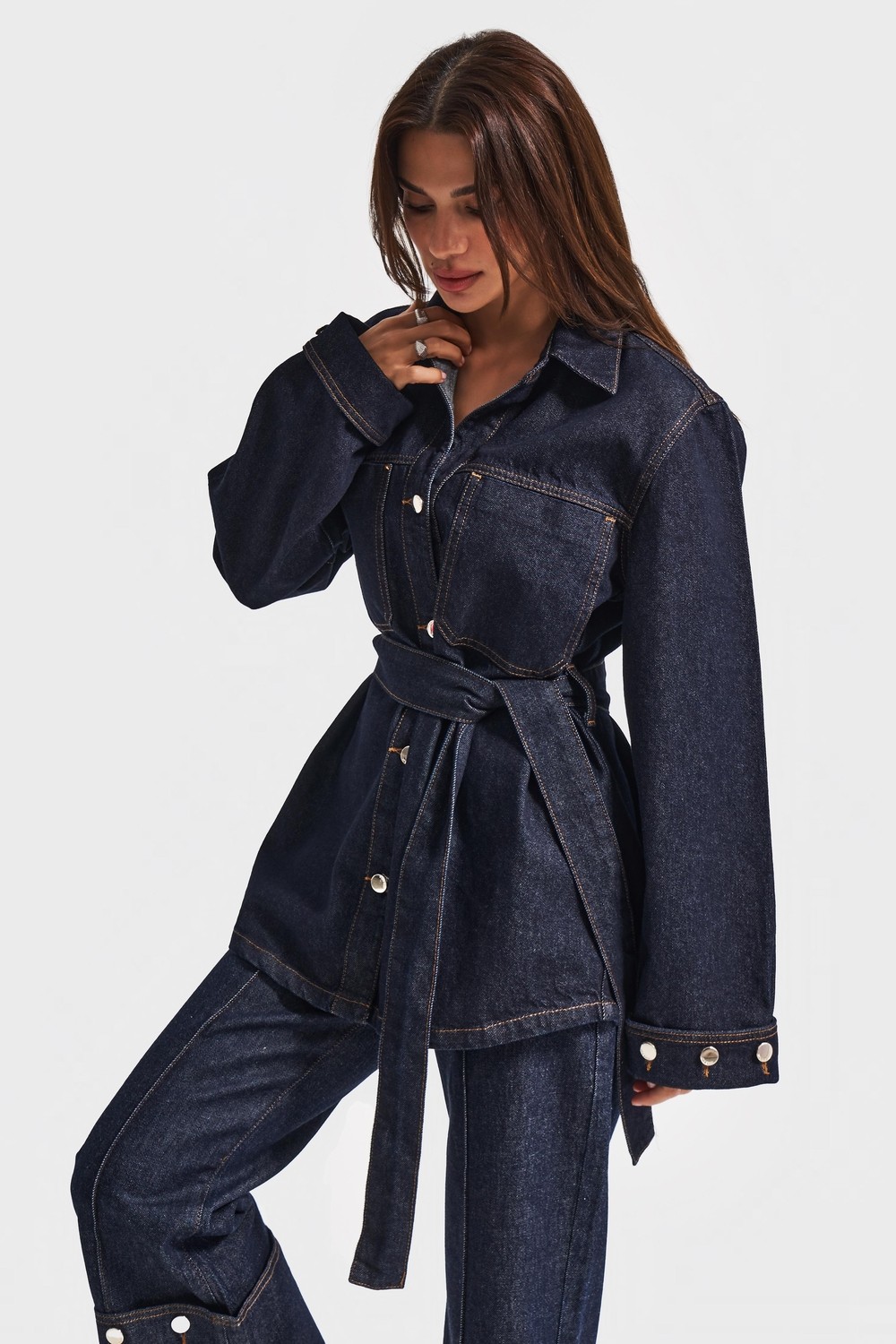 It's Basic Kadın Indigo Renk 7W5-50 Kemer Detaylı %100 Koton Denim Trençkot görsel 3