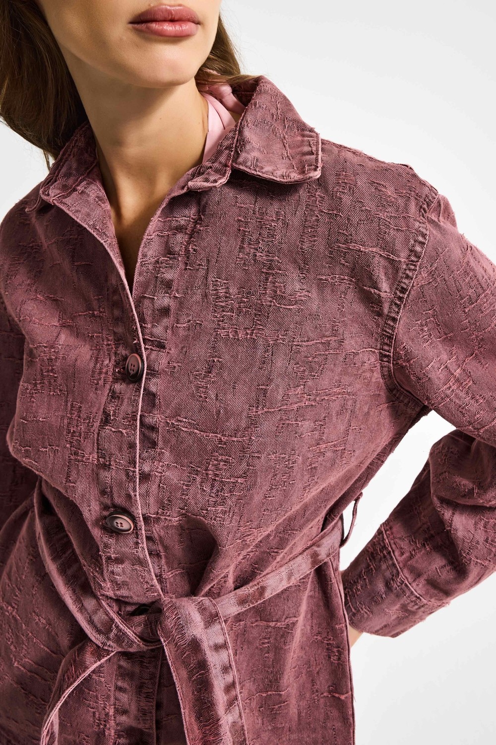 It's Basic Kadın Gül Kurusu 6s6-98 Oversize Kemer Detaylı Kumaş Özellikli Tasarım Denim Ceket görsel 2