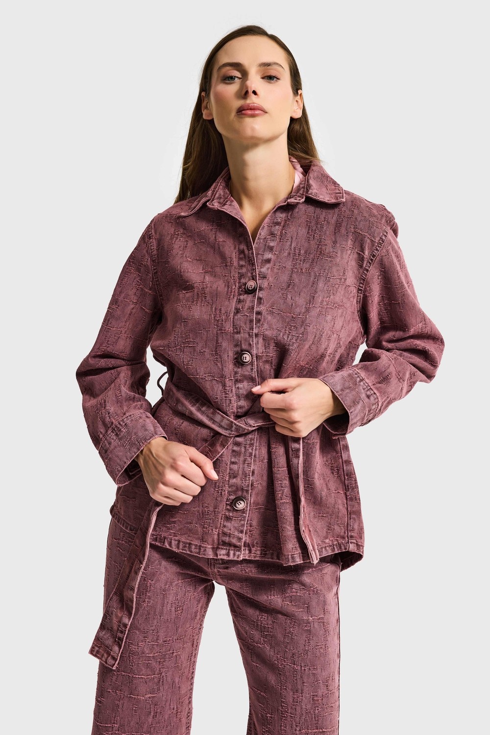 It's Basic Kadın Gül Kurusu 6s6-98 Oversize Kemer Detaylı Kumaş Özellikli Tasarım Denim Ceket görsel 6