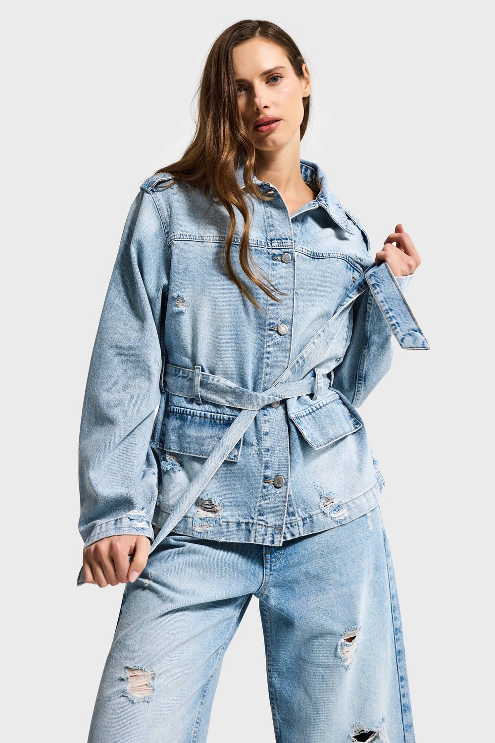 It's Basic Kadın Ice 12S6-32 Oversize Kemer Detaylı Yırtık %100 Koton Denim Ceket