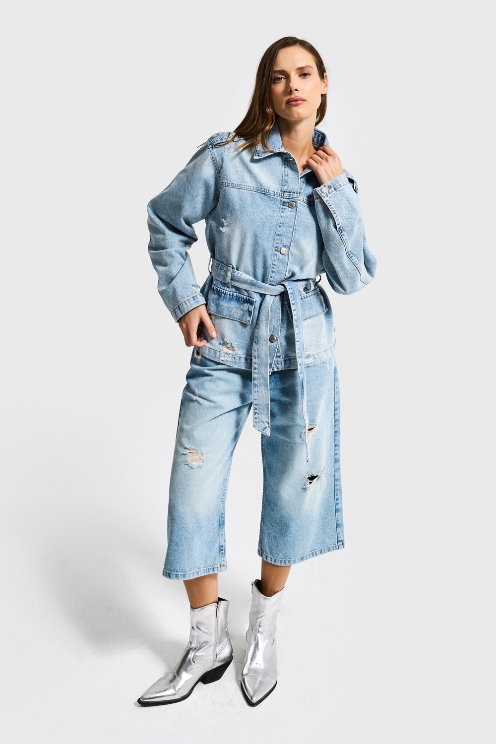 It's Basic Kadın Ice 12S6-32 Oversize Kemer Detaylı Yırtık %100 Koton Denim Ceket görsel 2