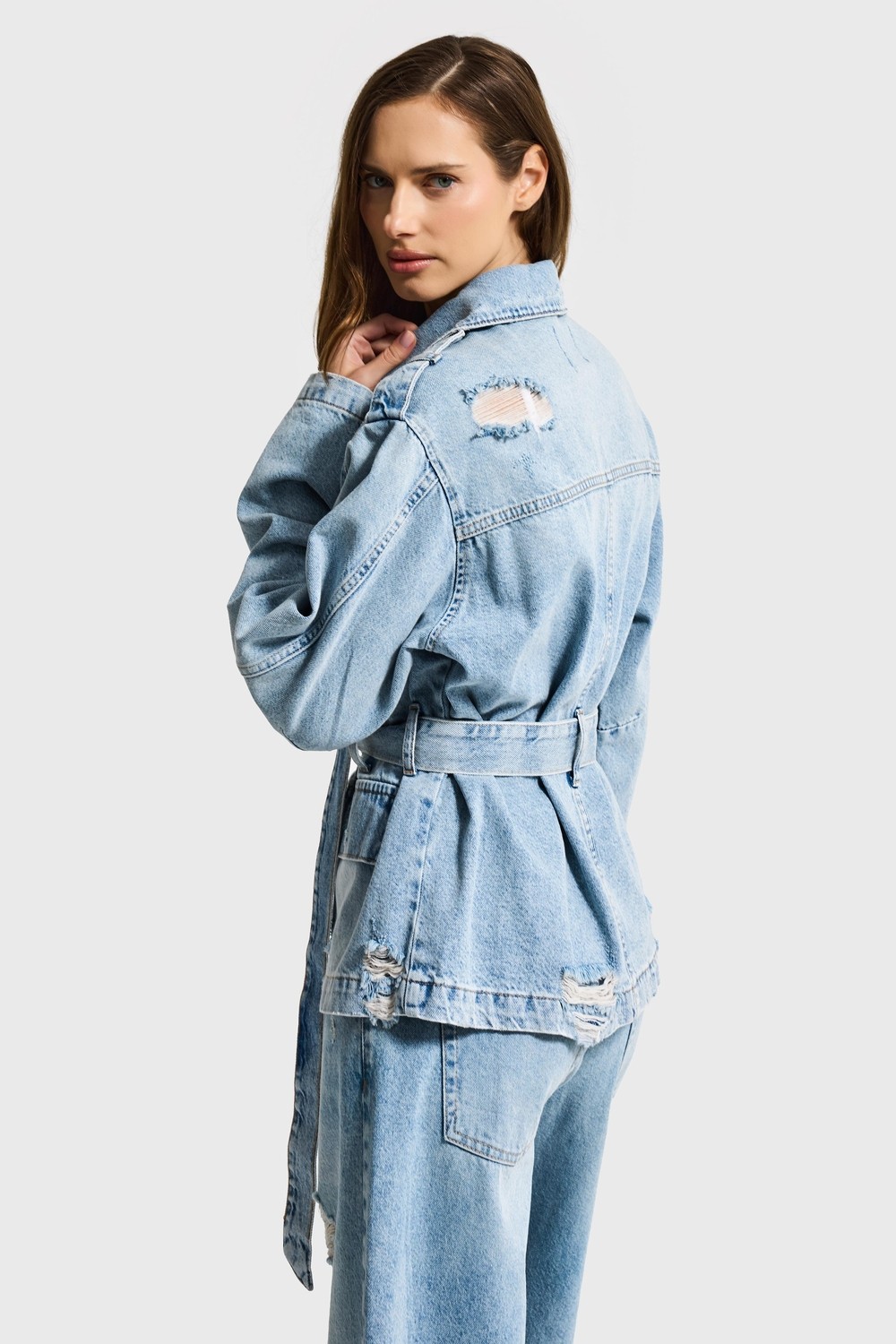 It's Basic Kadın Ice 12S6-32 Oversize Kemer Detaylı Yırtık %100 Koton Denim Ceket görsel 3
