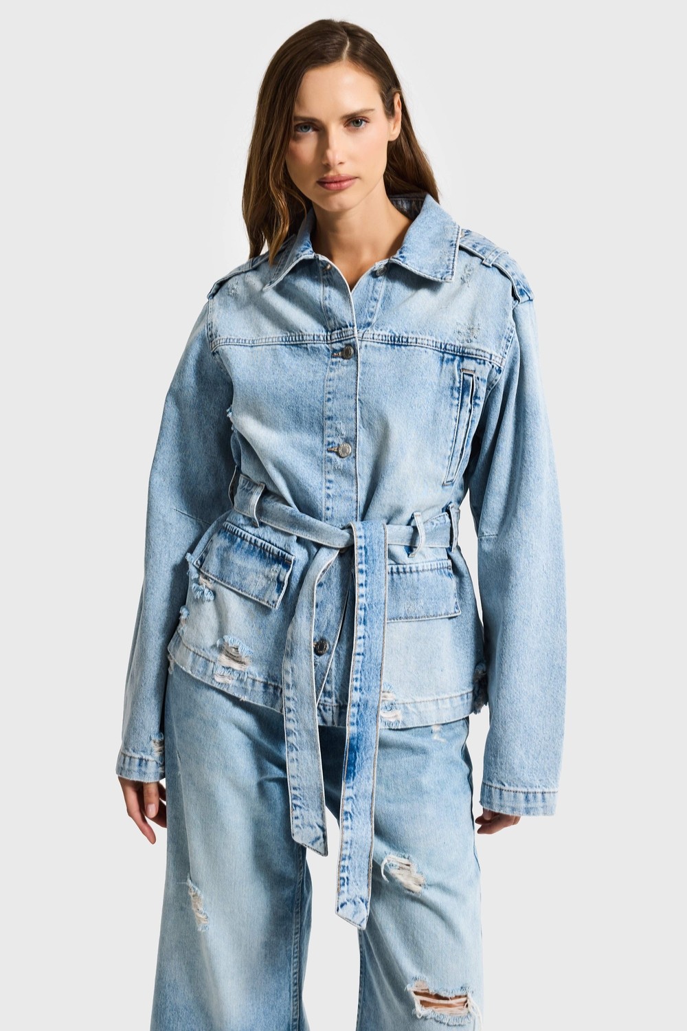 It's Basic Kadın Ice 12S6-32 Oversize Kemer Detaylı Yırtık %100 Koton Denim Ceket görsel 4