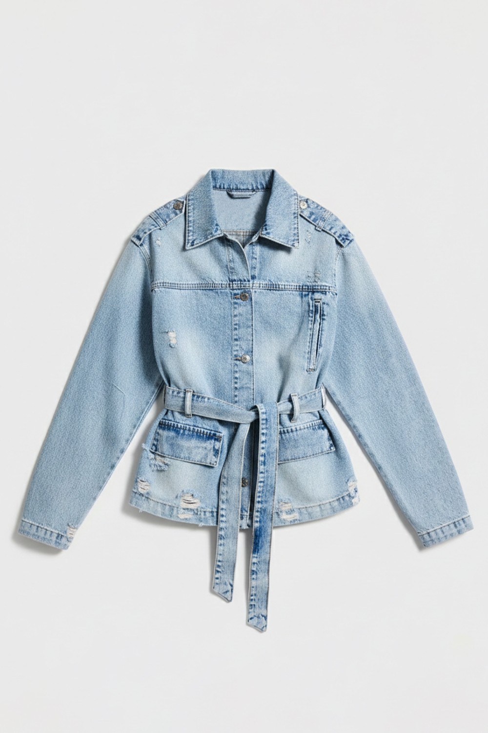 It's Basic Kadın Ice 12S6-32 Oversize Kemer Detaylı Yırtık %100 Koton Denim Ceket görsel 5