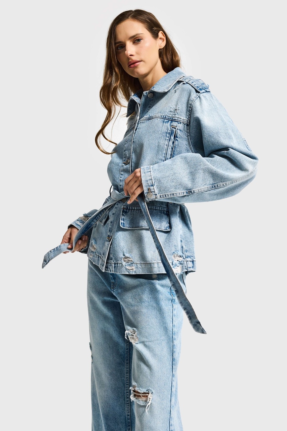 It's Basic Kadın Ice 12S6-32 Oversize Kemer Detaylı Yırtık %100 Koton Denim Ceket görsel 7