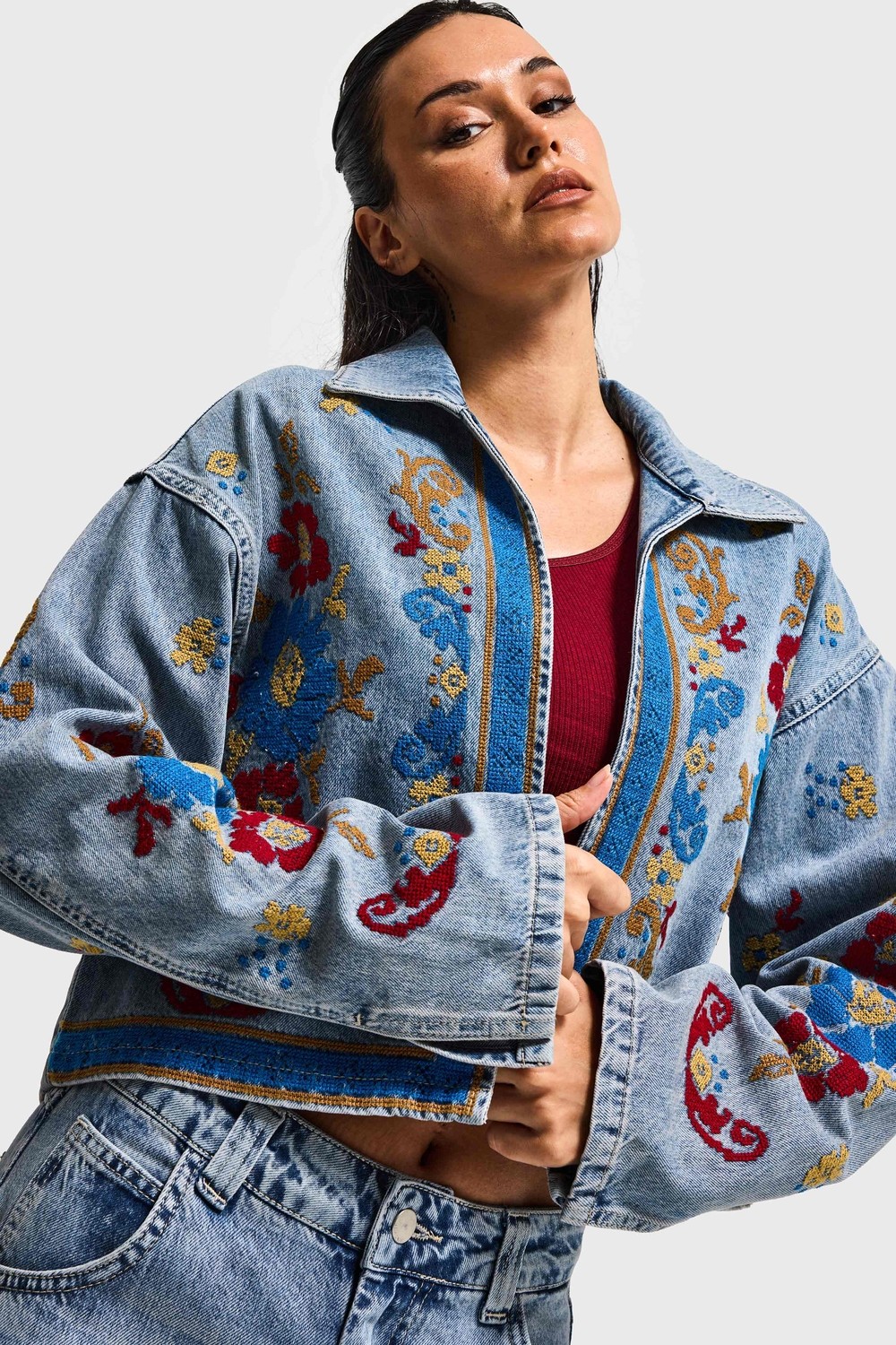 It's Basic Kadın Kot Rengi 3s6-32 Bol Kesim Özel Nakış Desenli Tasarım Denim Ceket görsel 2