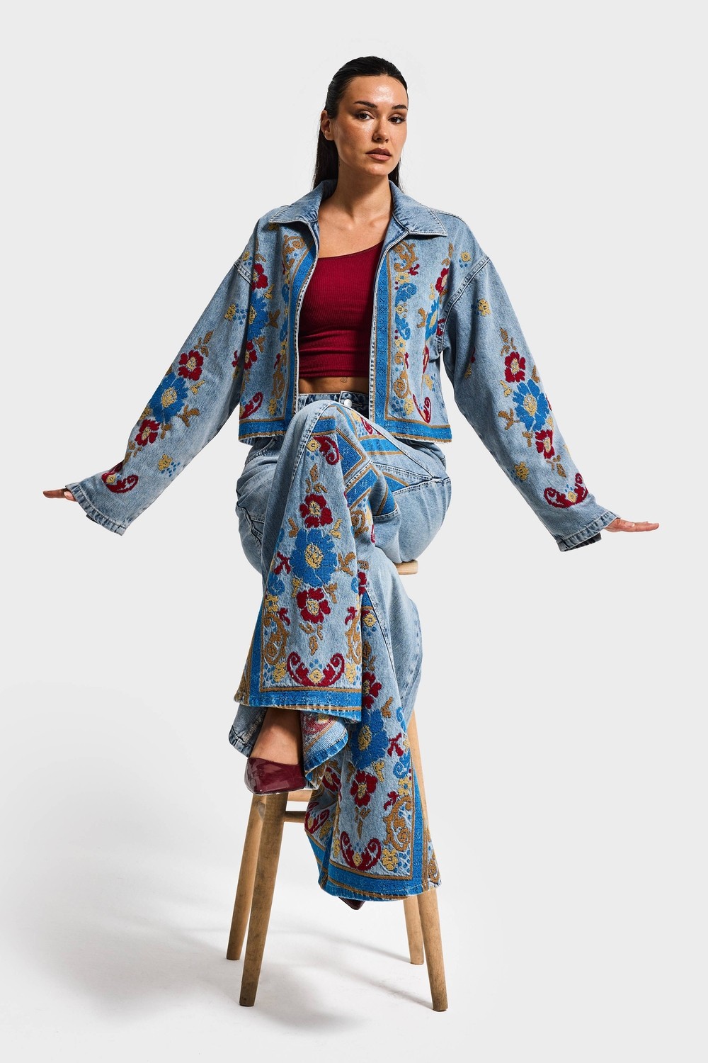 It's Basic Kadın Kot Rengi 3s6-32 Bol Kesim Özel Nakış Desenli Tasarım Denim Ceket görsel 3