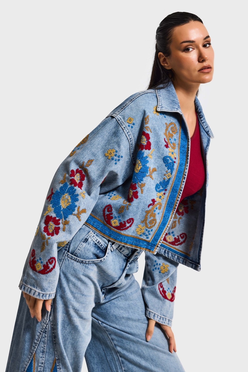 It's Basic Kadın Kot Rengi 3s6-32 Bol Kesim Özel Nakış Desenli Tasarım Denim Ceket görsel 6