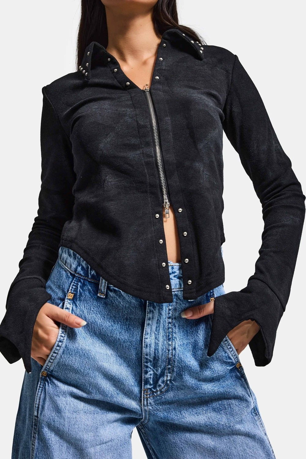 It's Basic Kadın Siyah W5 Fermuar ve Drop Detaylı Özel Tasarım Crop Top görsel 7