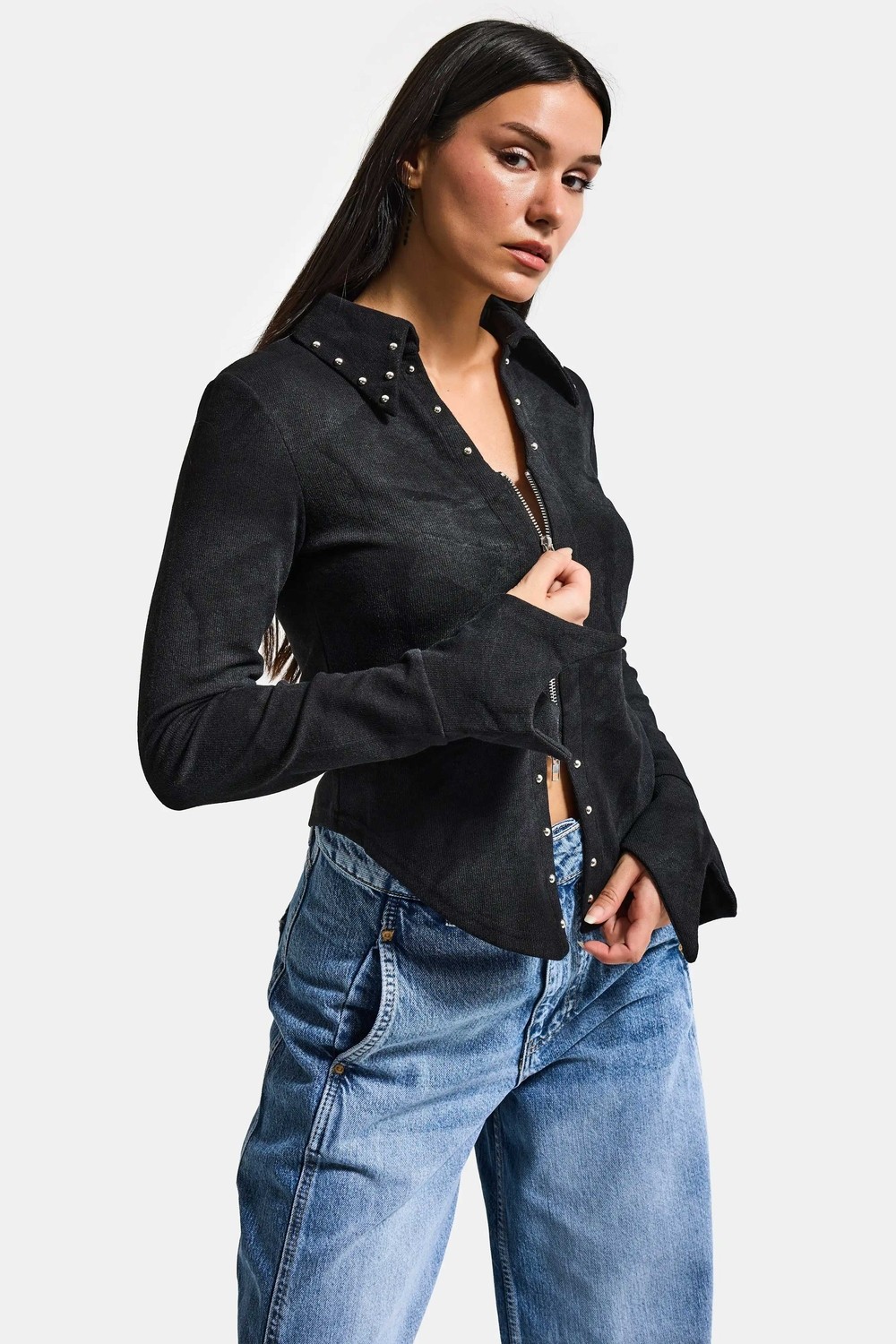 It's Basic Kadın Siyah W5 Fermuar ve Drop Detaylı Özel Tasarım Crop Top görsel 8