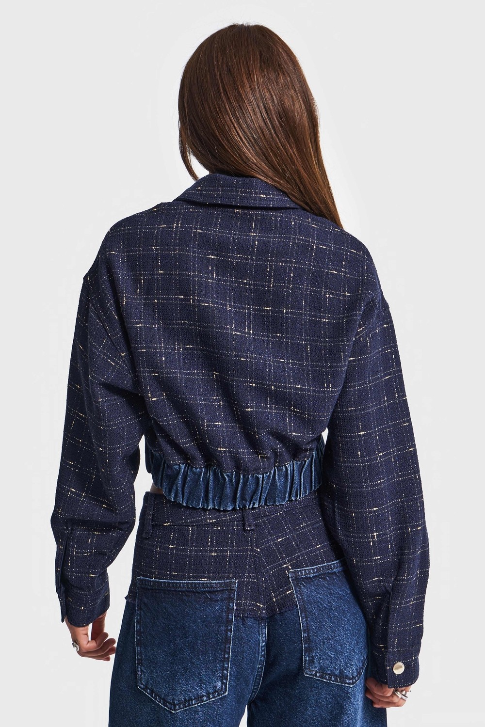 It's Basic Kadın Koyu Kot Rengi T 2W5-7 Dokuma Denim Kumaş Karışımlı Önü Düğmeli Özel Tasarım Bomber Ceket görsel 3