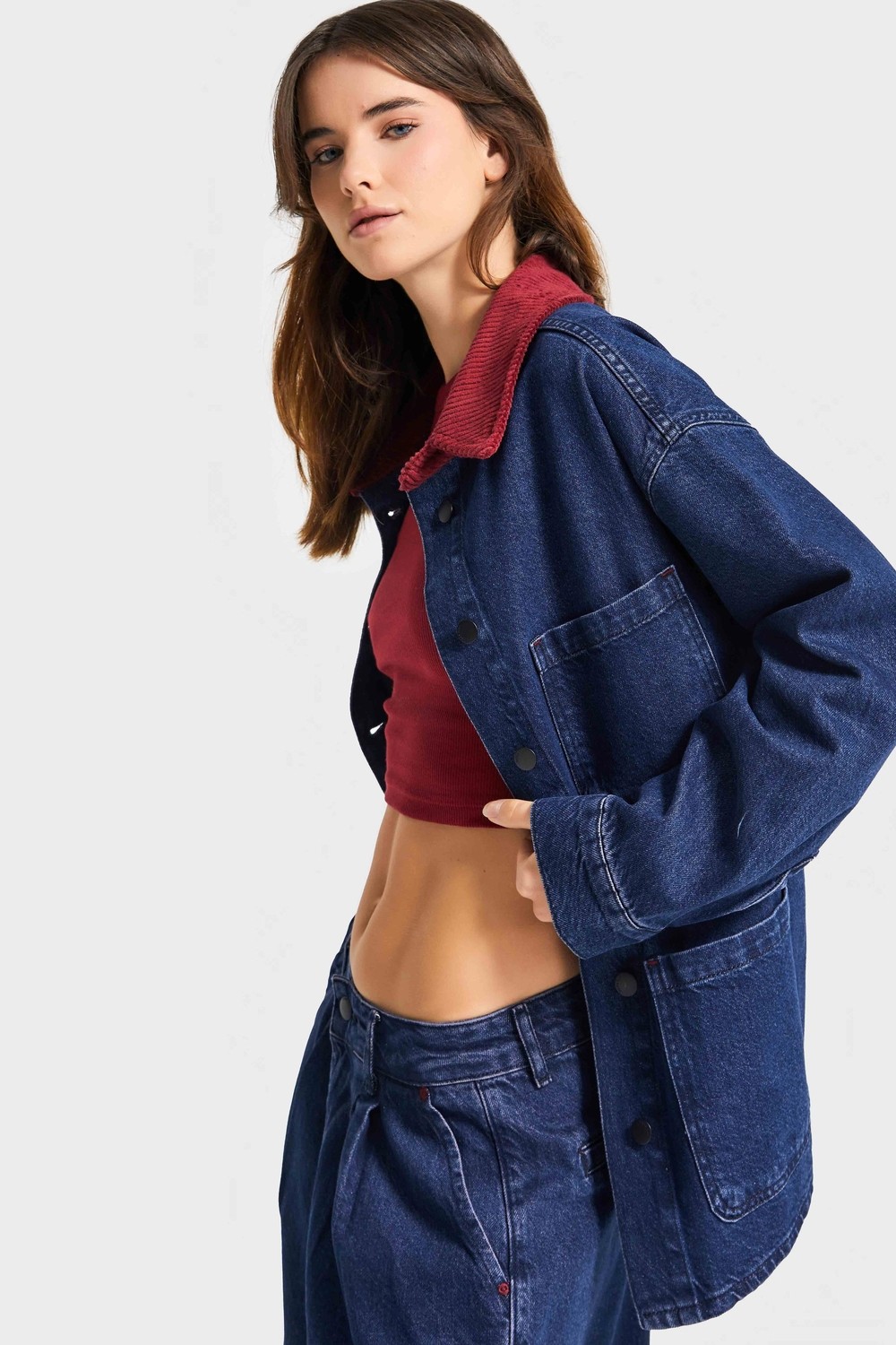 It's Basic Kadın Koyu Mavi Renk 1W5-149 Oversize Yaka Detaylı Bol Kesim Özel Tasarım Denim Ceket