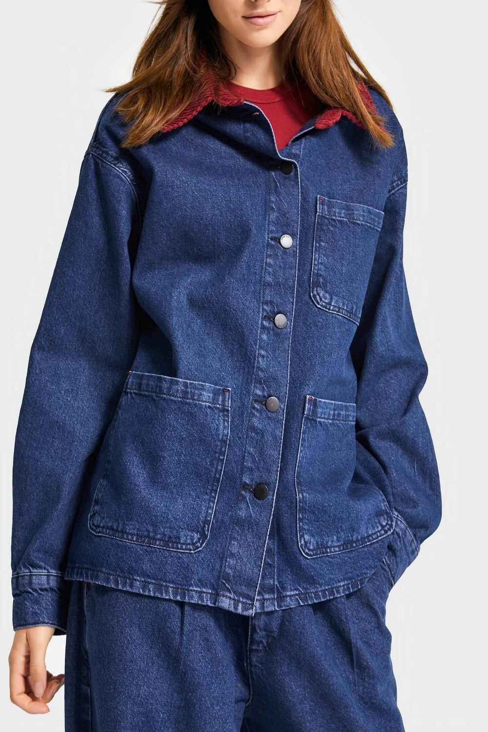 It's Basic Kadın Koyu Mavi Renk 1W5-149 Oversize Yaka Detaylı Bol Kesim Özel Tasarım Denim Ceket görsel 2