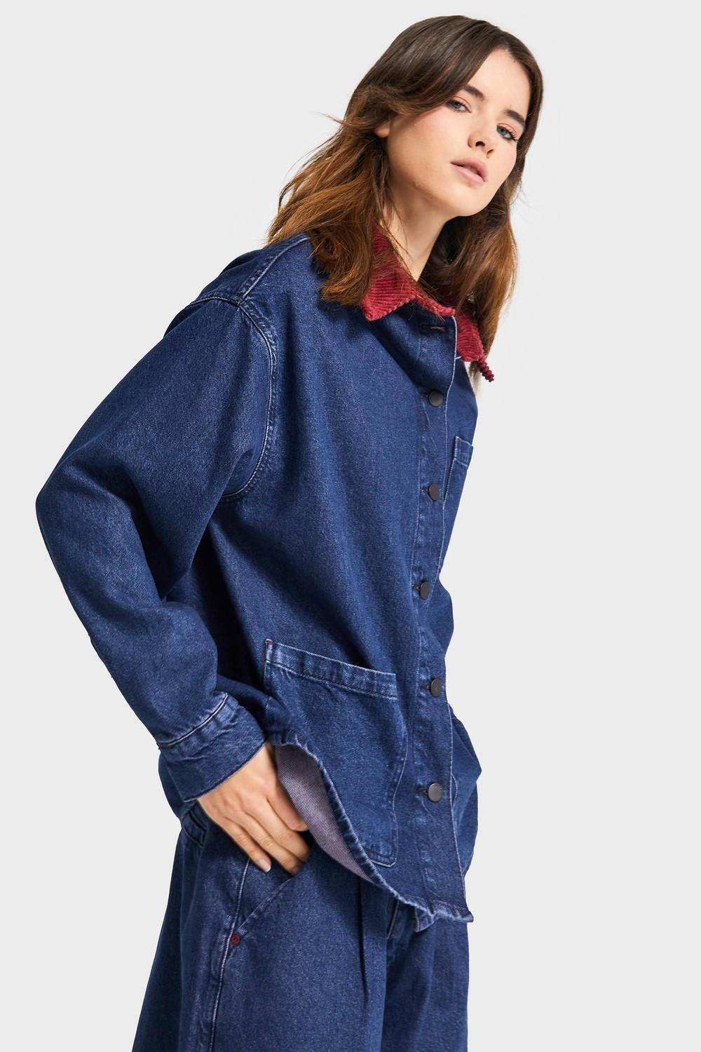 It's Basic Kadın Koyu Mavi Renk 1W5-149 Oversize Yaka Detaylı Bol Kesim Özel Tasarım Denim Ceket görsel 3