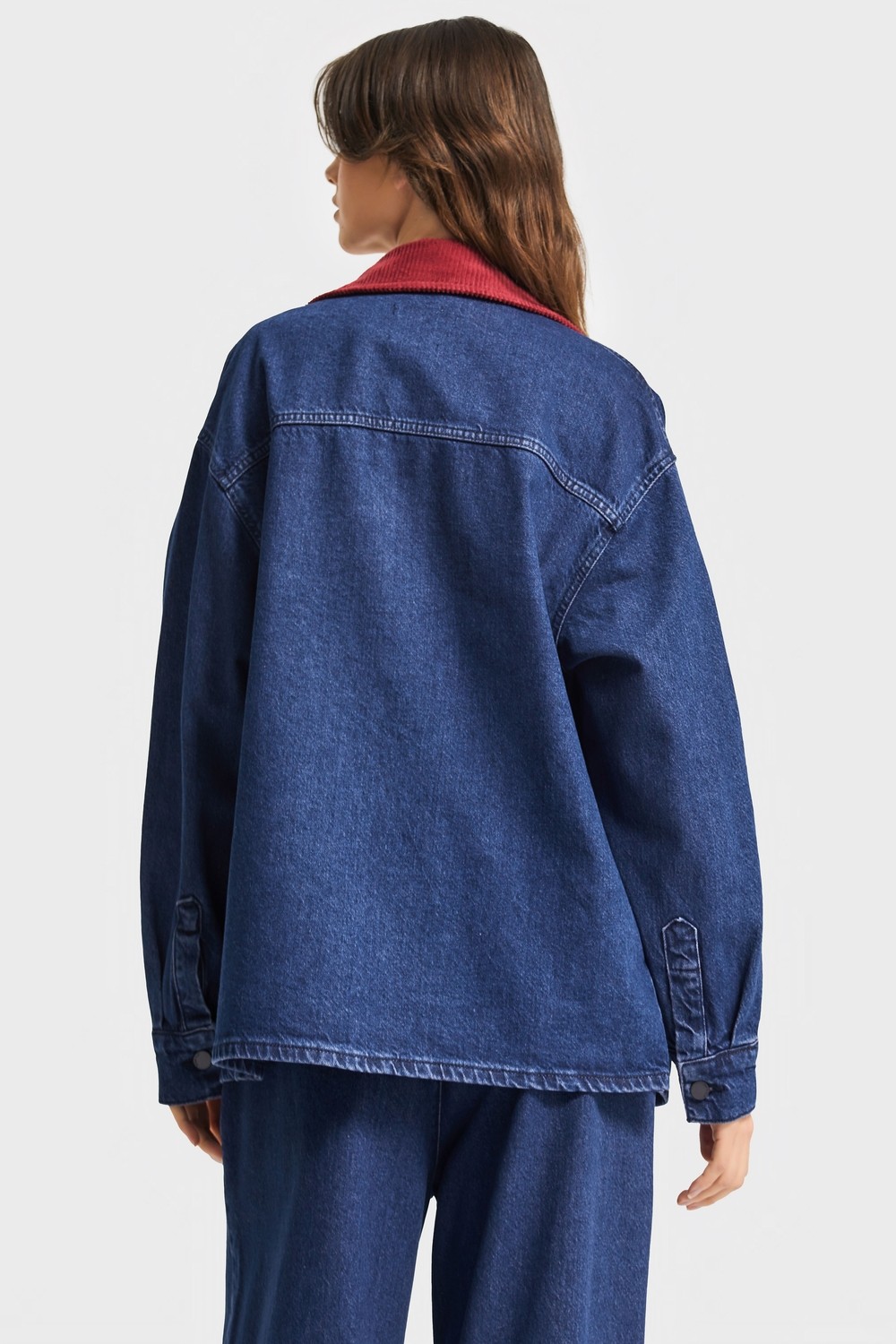 It's Basic Kadın Koyu Mavi Renk 1W5-149 Oversize Yaka Detaylı Bol Kesim Özel Tasarım Denim Ceket görsel 4