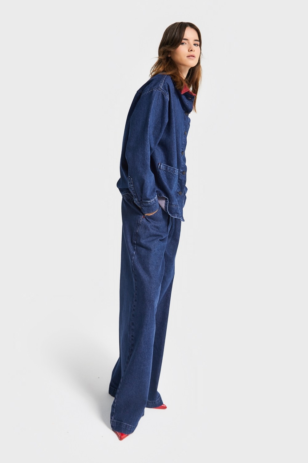 It's Basic Kadın Koyu Mavi Renk 1W5-149 Oversize Yaka Detaylı Bol Kesim Özel Tasarım Denim Ceket görsel 5