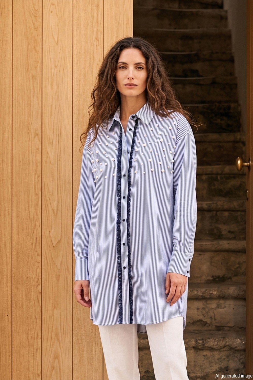 Lale Butik Inci Detay Çizgili Organze Kumaş Gömlek 19573 Lacivert