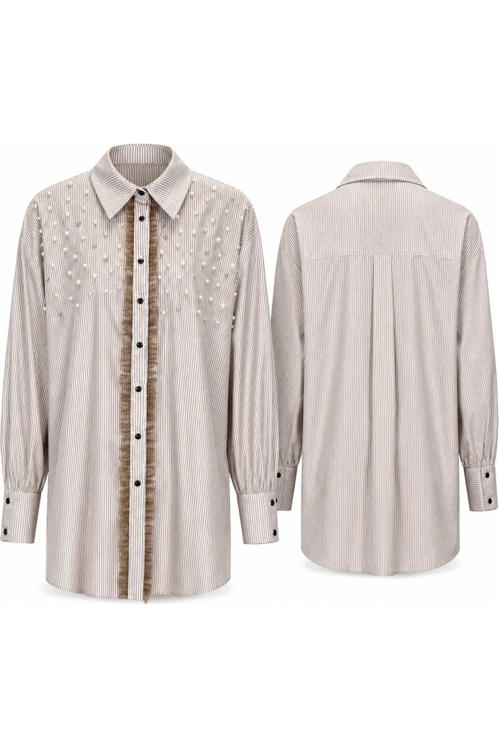 Lale Butik Inci Detay Çizgili Organze Kumaş Gömlek 19573 Lacivert görsel 6