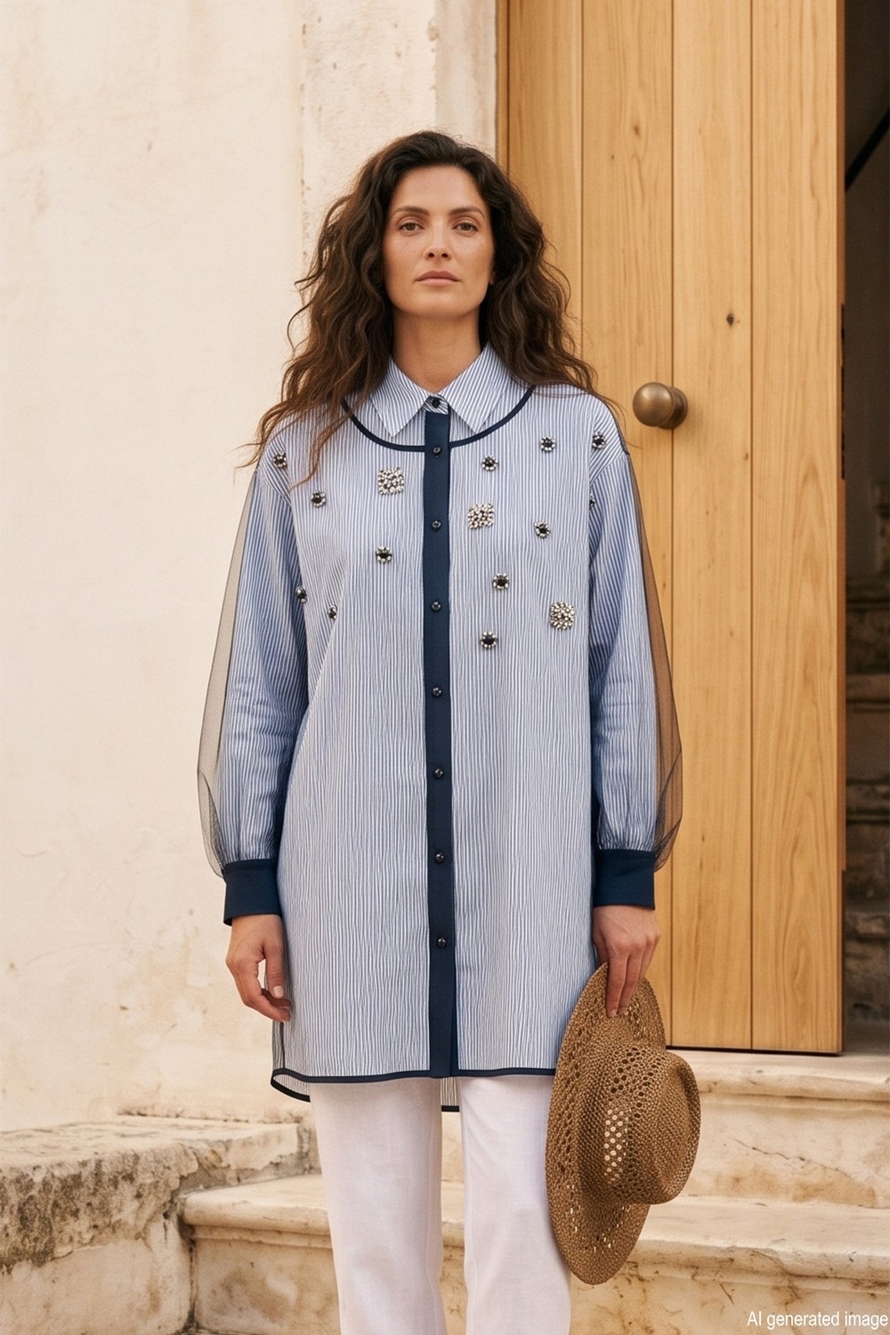Lale Butik Taş Aksesuar Detay Çizgili Gömlek 19572 Lacivert
