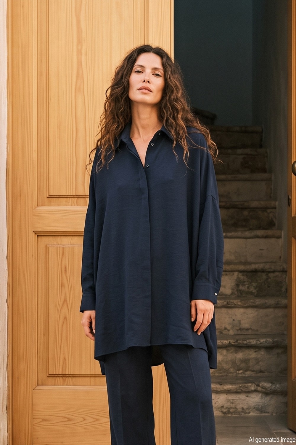 Lale Butik Düz Kesim Düğme Detaylı Modal Gömlek 19605 Lacivert
