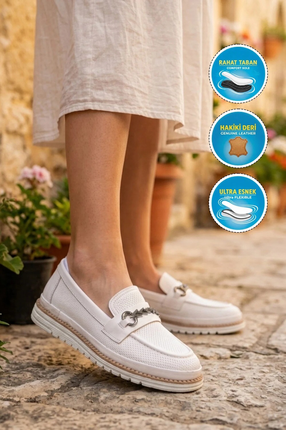 Voyager Beyaz Hakiki Deri Anatomik Rahat Tabanlı Toka Detaylı Kadın Casual Ayakkabı Loafer Z273 Z görsel 3