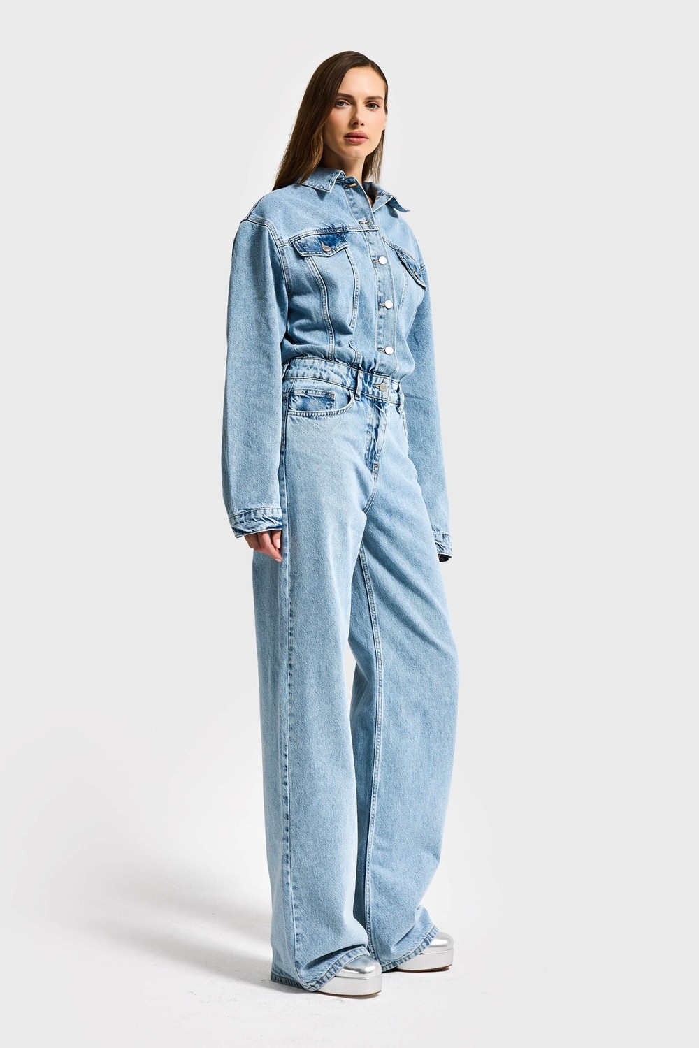 It's Basic Kadın Kot Rengi 3s6-3 Straight Fit %100 Koton Denim Tulum