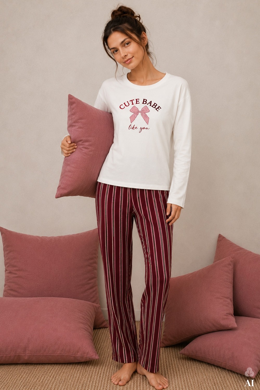 Koza İç Giyim Kadın Pamuklu Çizgili Desenli Baskılı Uzun Kollu Pijama Takımı görsel 2