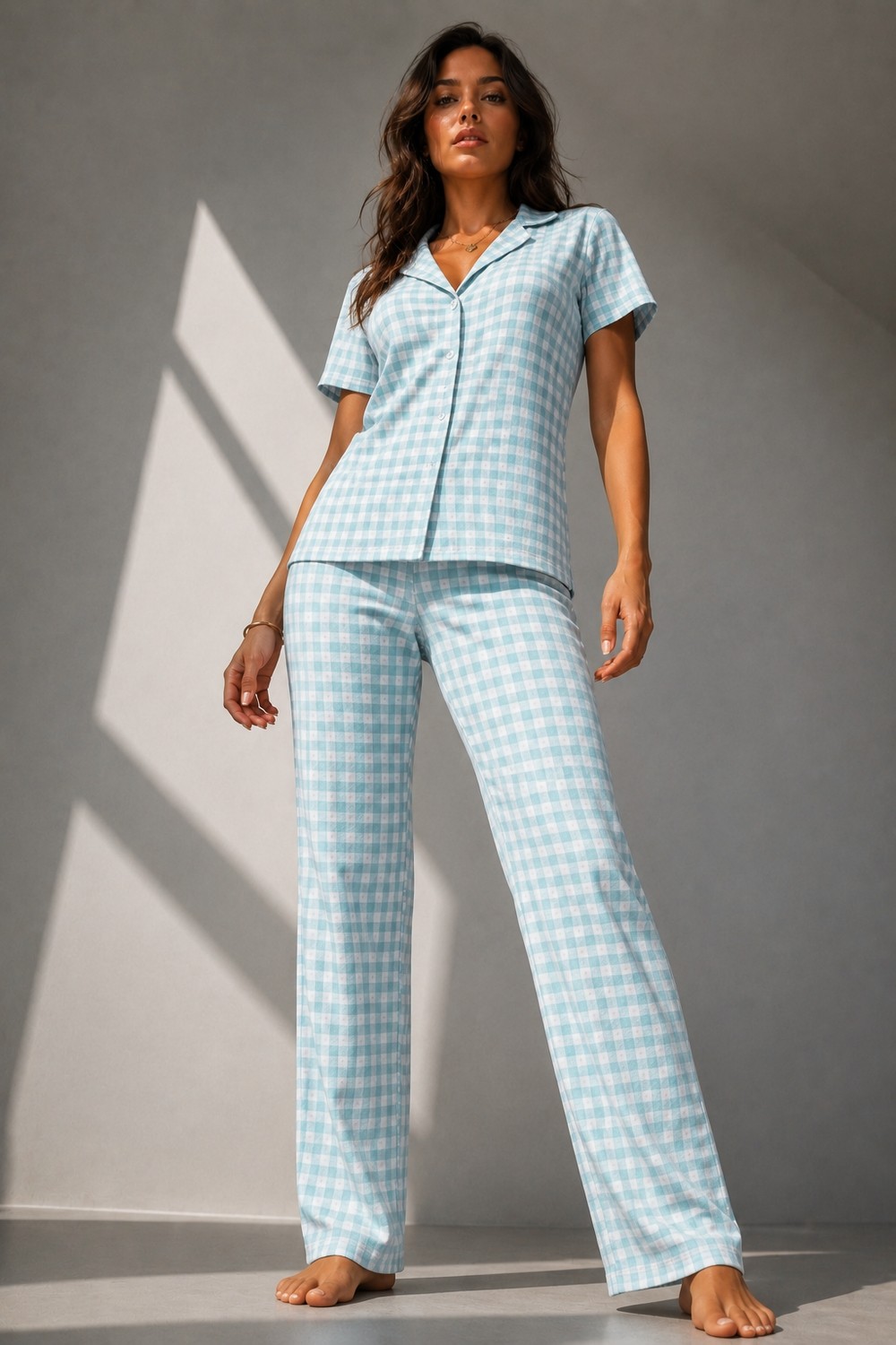 Fit Women Kadın Klasik Doğal Düğme Gece Su Yeşili Pijama Takımı